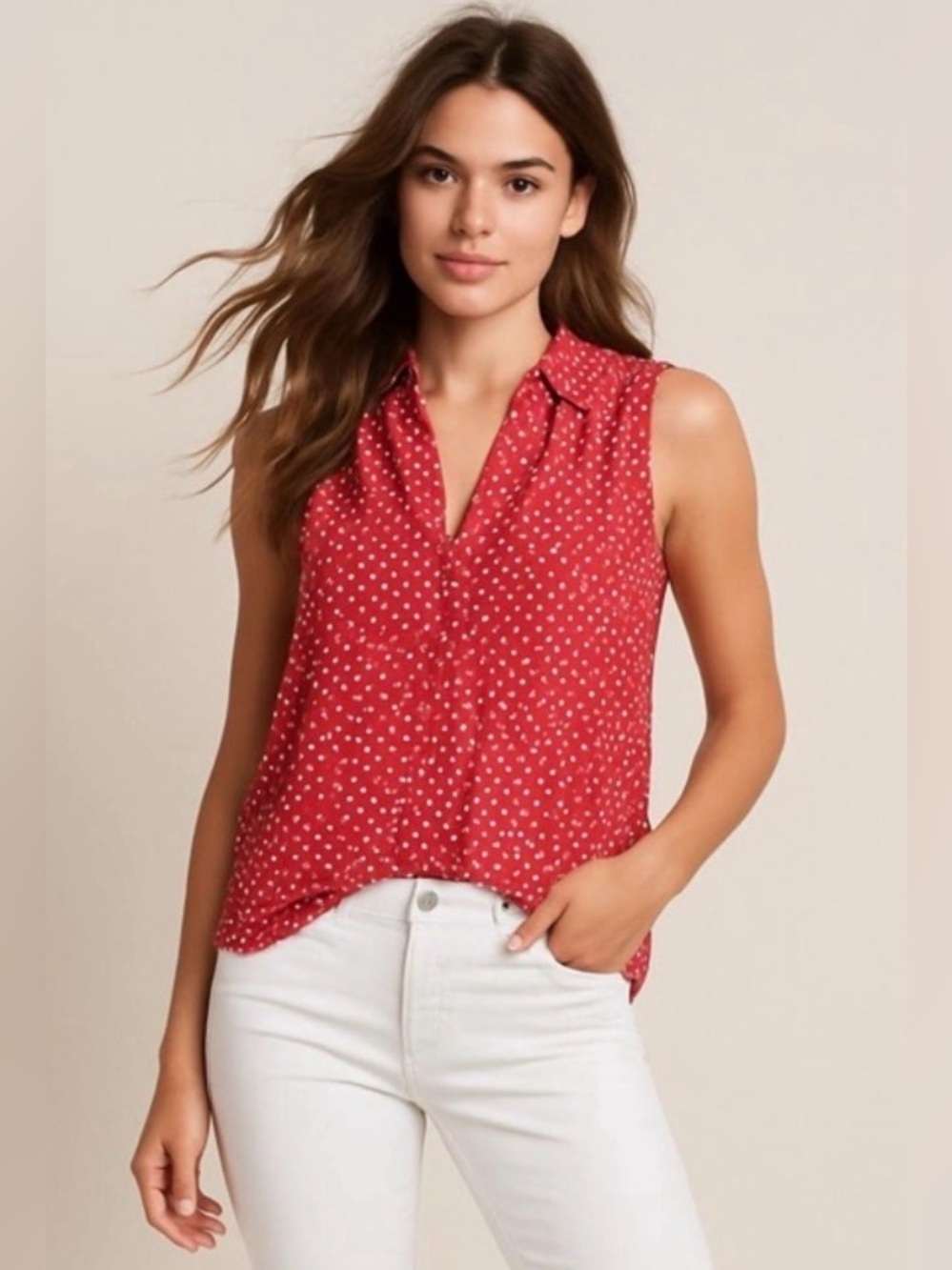 Jones New York Dressy, Polka Dot, V-Neck Tank Blouse, Orange, White, Size L